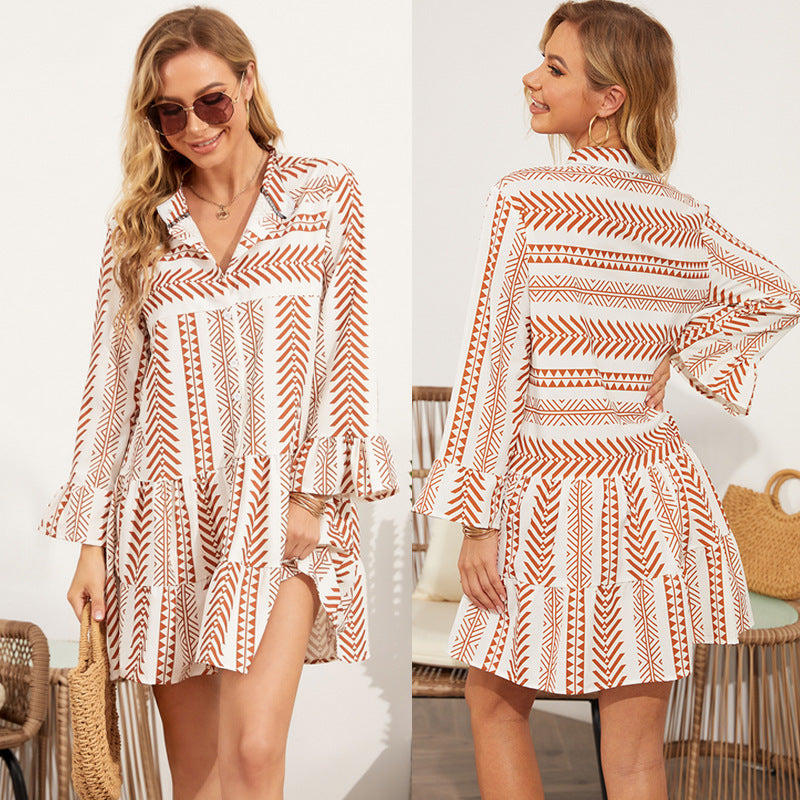 Spring Style  Boho Swing Ruffle Dress with Long Sleeves