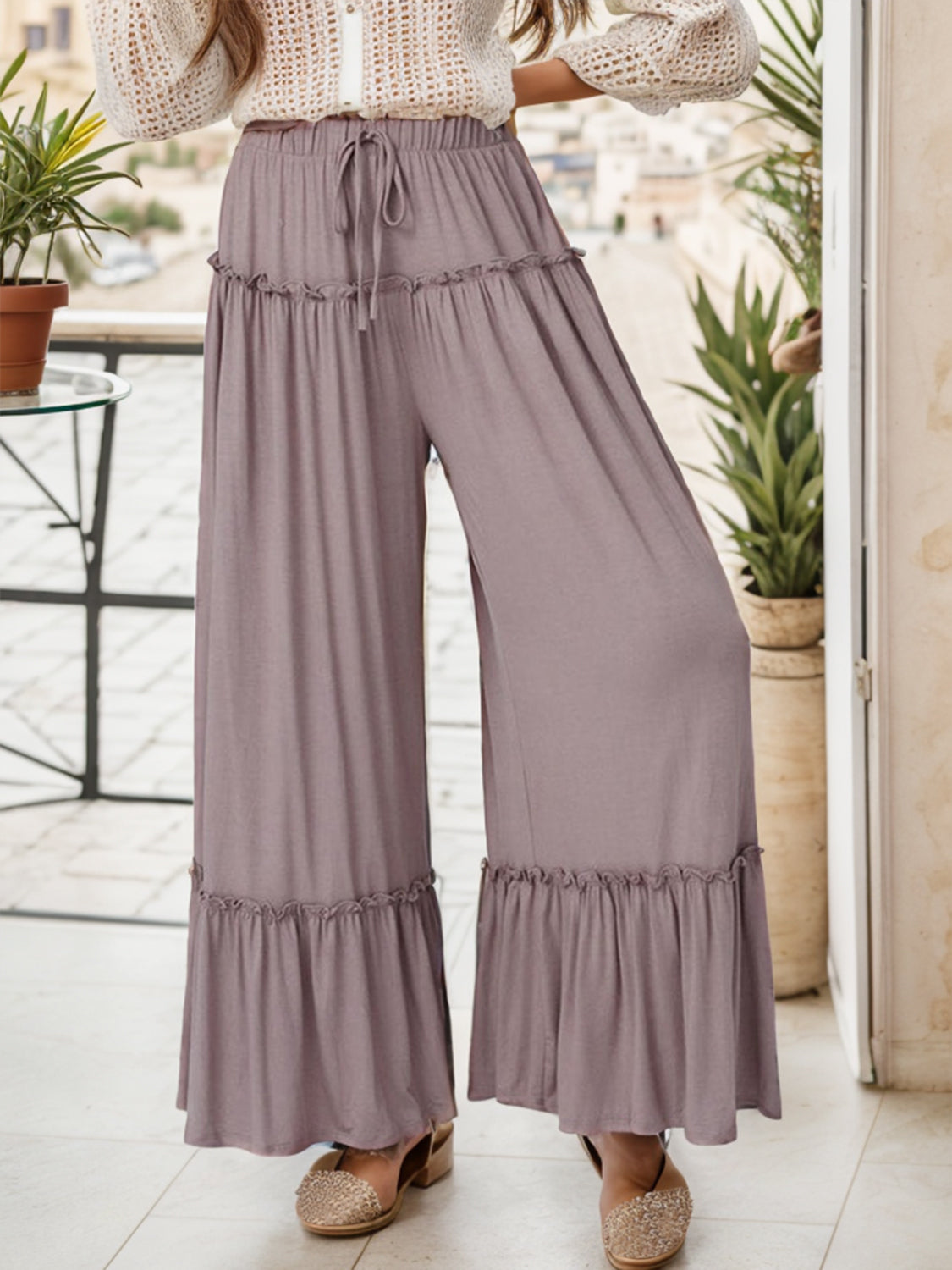 Breezy Ruffle Hem Wide Leg Trim Pants