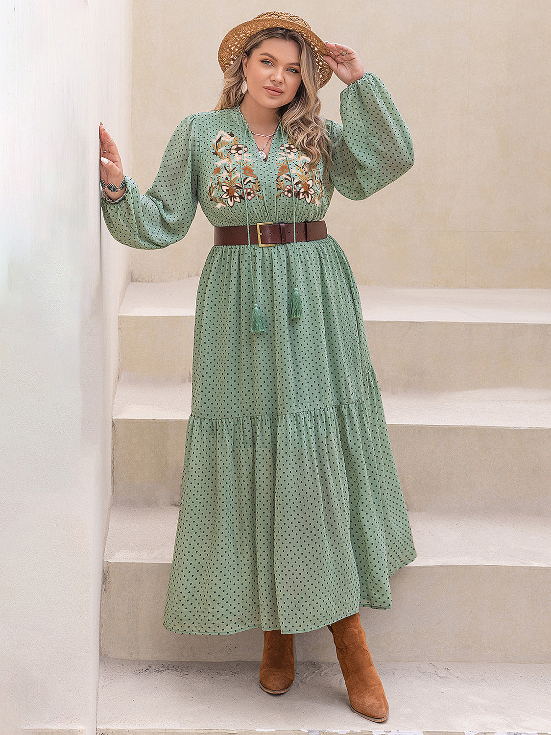 Plus Size Midi Dress with Long Sleeve & Tassel Printed Tie Neck