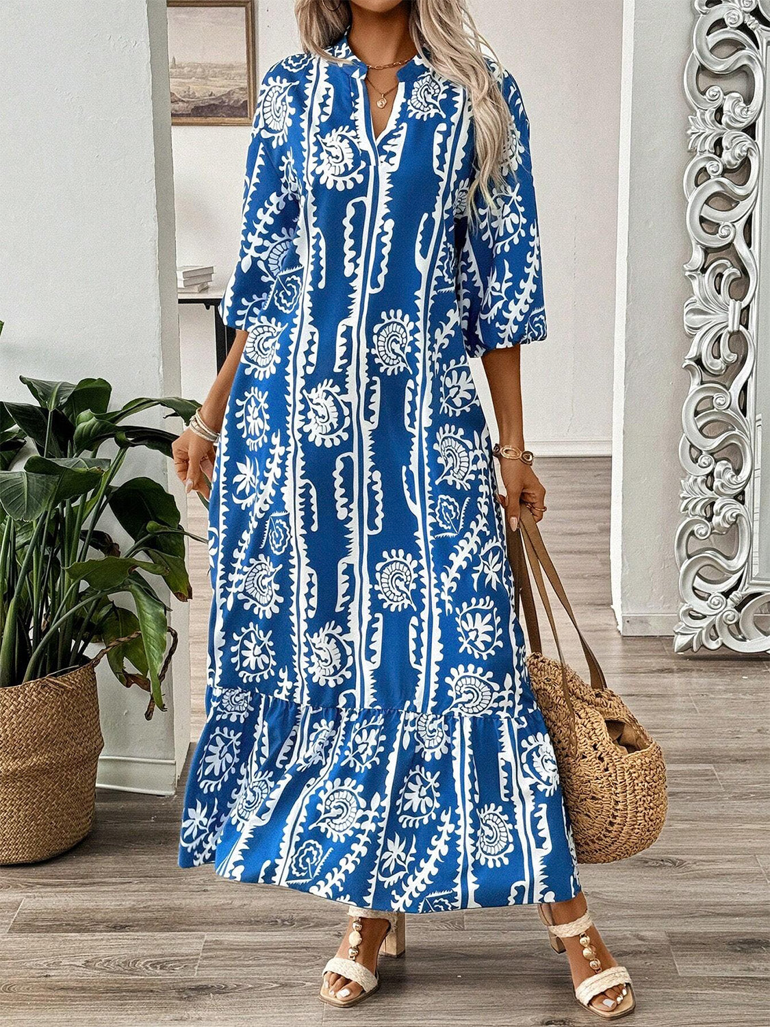 Blue Ocean  Printed Boho  Maxi Dress with Half Sleeve