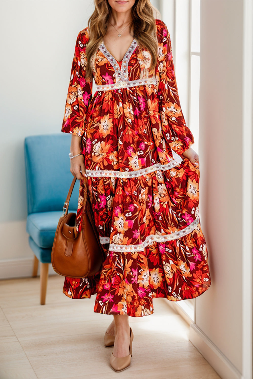 Watercolor Red Printed Midi Dress with  V-Neck& Long Sleeves