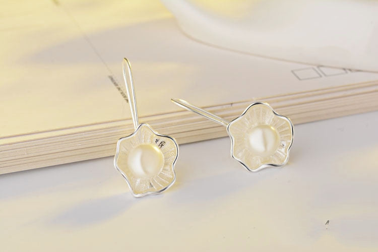 925 Sterling Silver Pearl Lotus Drop Hook Earrings.