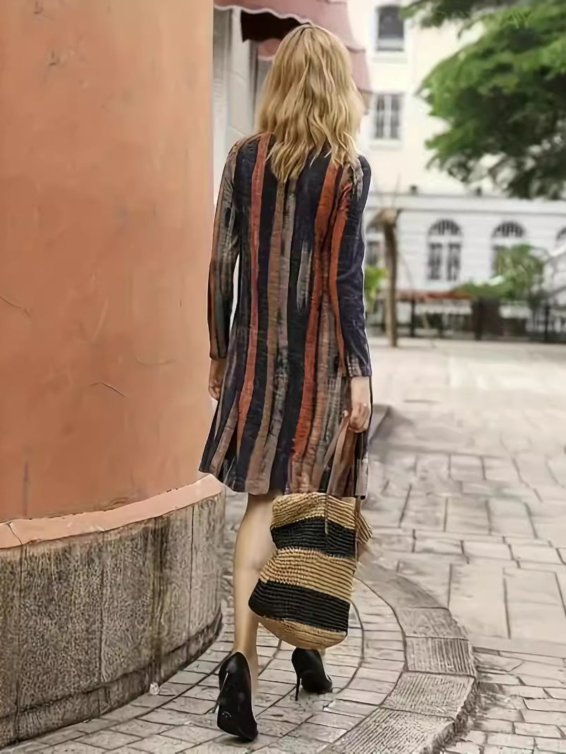 Romantic Earthy Tones Contrast Stripes Mini Dress with  Long Sleeve