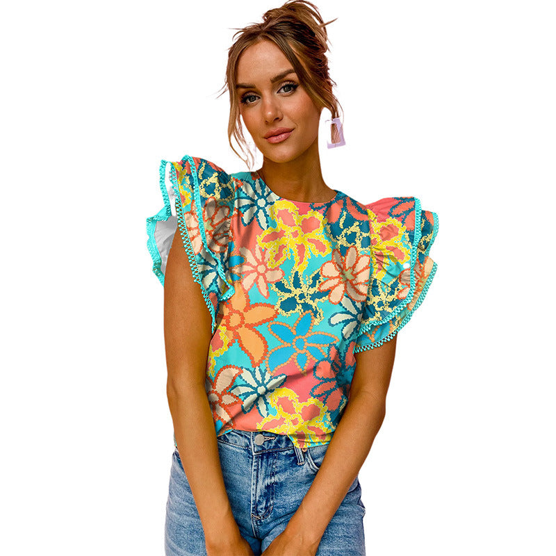 Japanese  Floral Printed Leisure Style Top with  Ruffle Sleeve