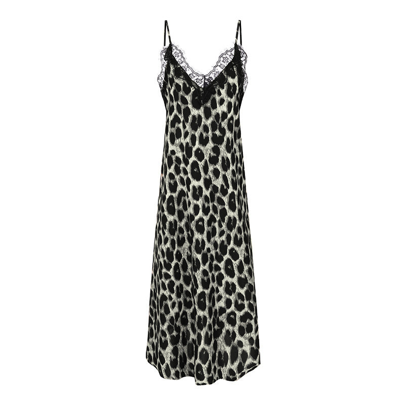 Retro Girl Lace Detail Leopard Print Maxi Dress