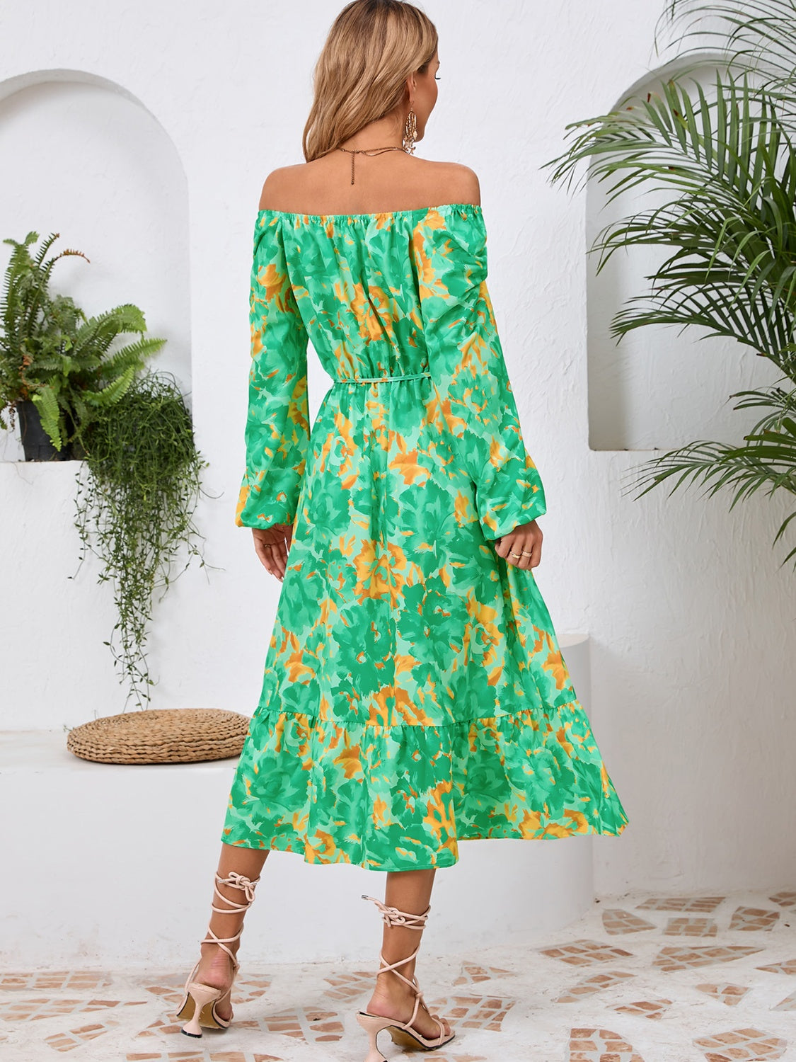 Happy Boho Printed Midi Dress with Long Sleeve