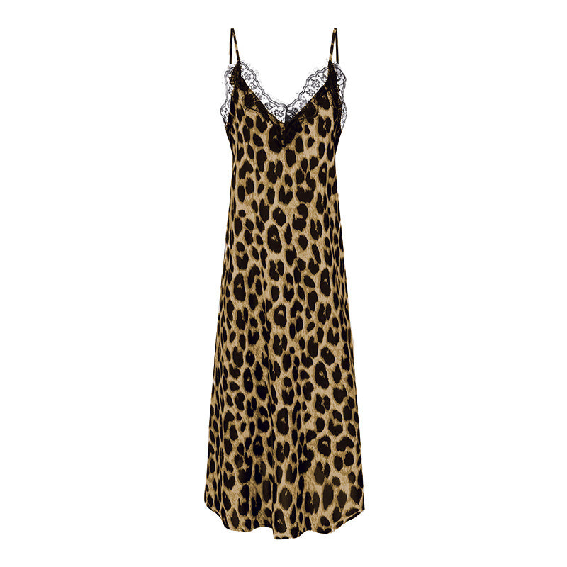 Retro Girl Lace Detail Leopard Print Maxi Dress