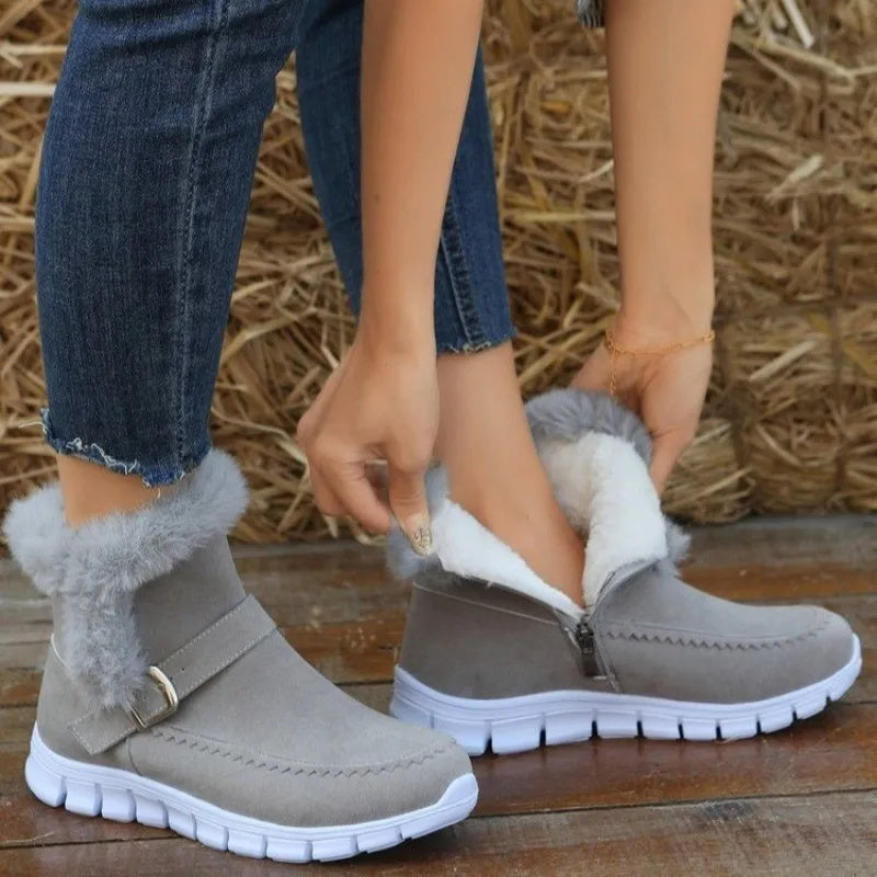 Buckle Strap Plush Fur Ankle Snow Boots