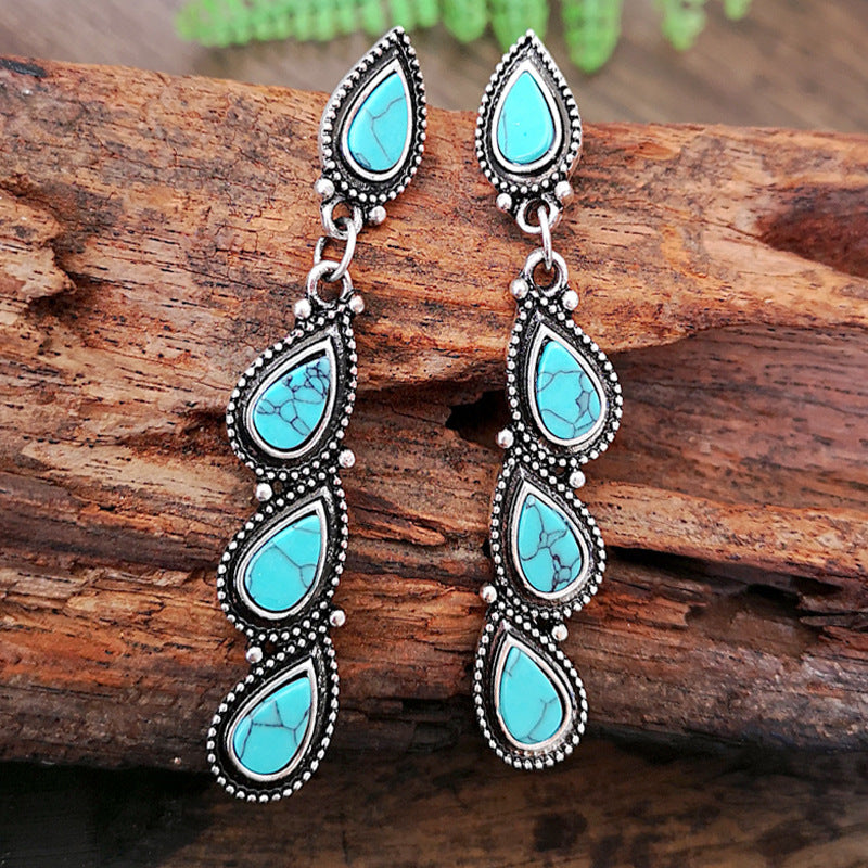 Boho Creative Tree Leaf Genuine Turquoise Teardrop Earrings.