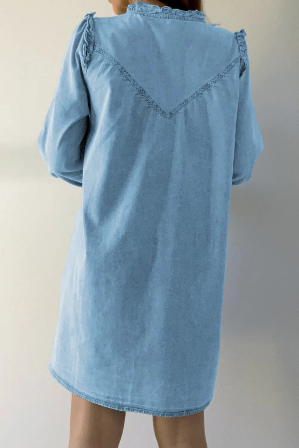 Sky Blue Classic Style Button Up Denim Dress with Long Sleeve