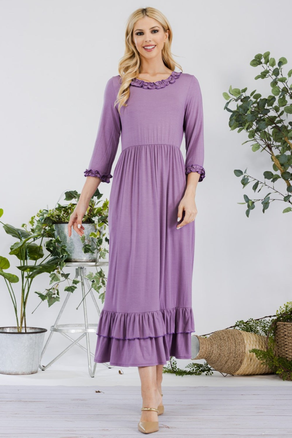 Charming Lilac Dress  with Layered Ruffle Hem Dress & Pockets