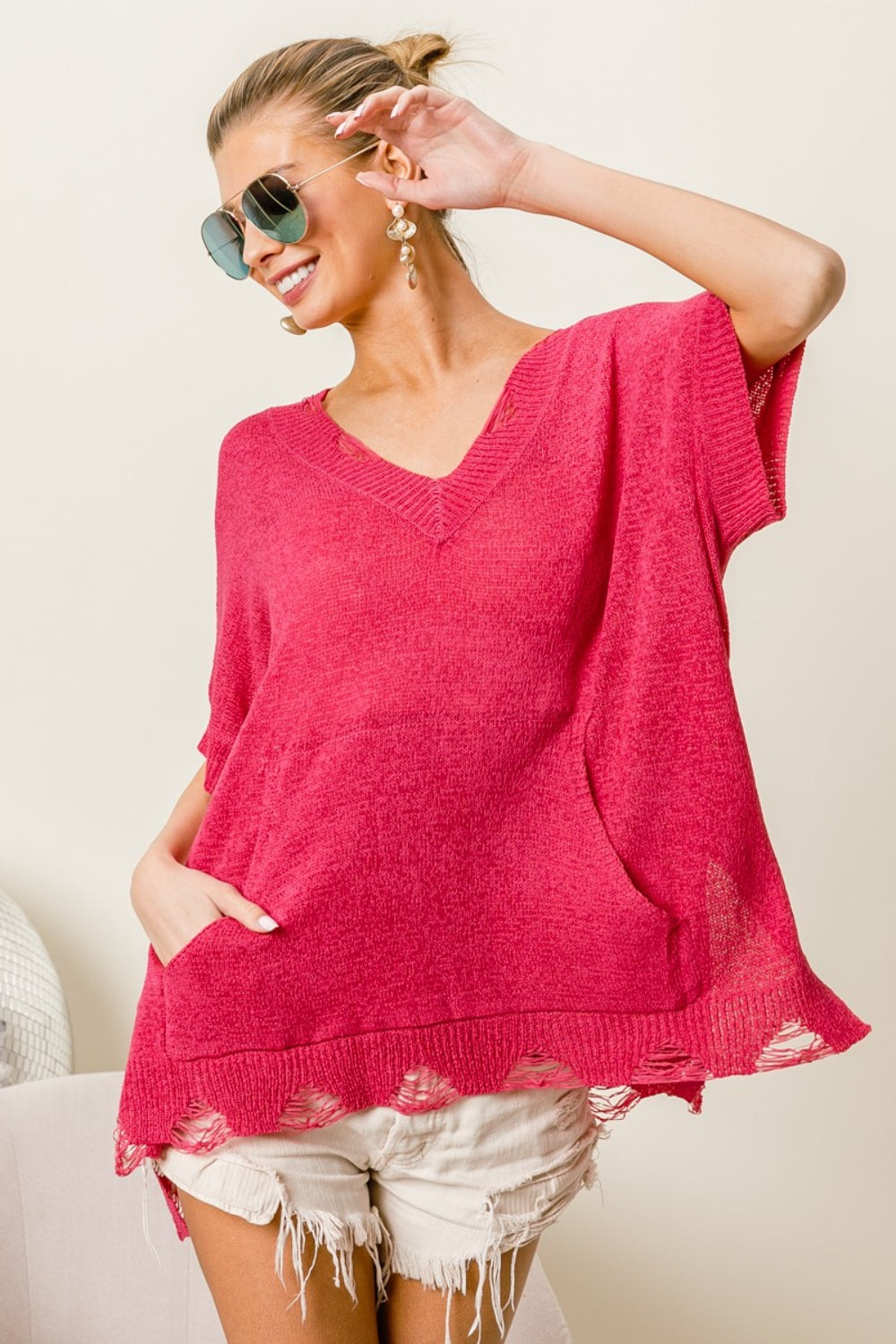 Fuchsia V-Neck Slit Sweater w/ Distressed Hem