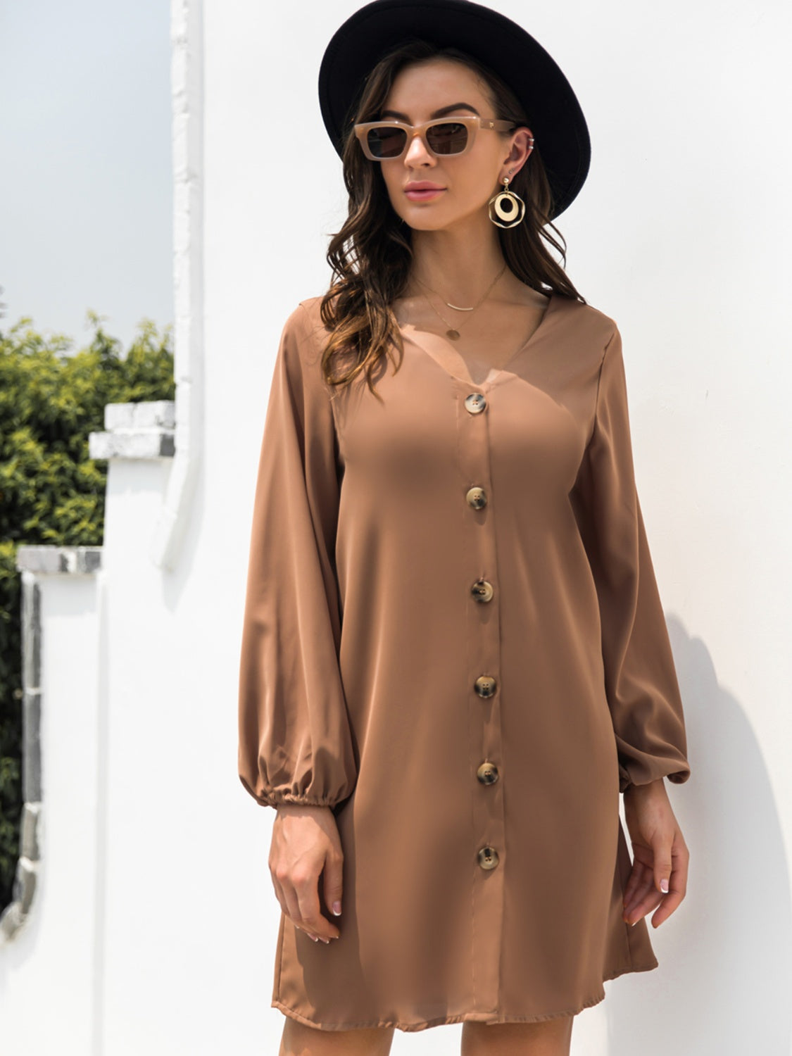 New Autumn  Mini Buttoned Dress with V-Neck & Long Sleeves