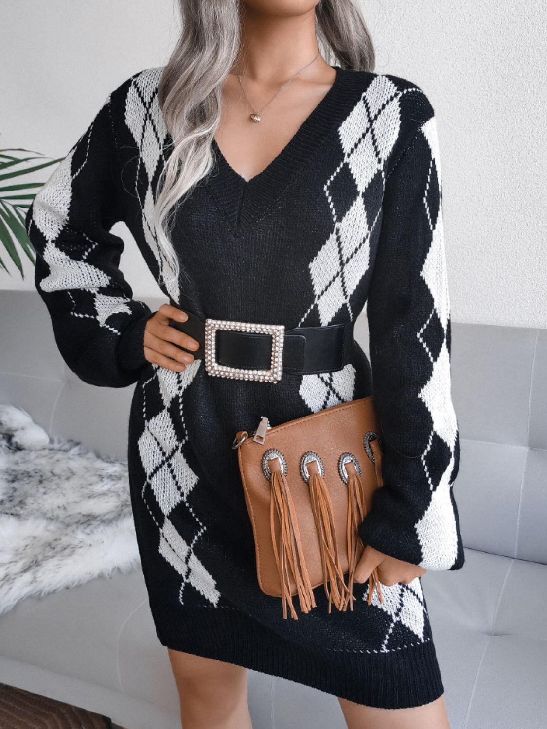 Woven Argyle V-Neck Ribbed Trim Sweater Dress