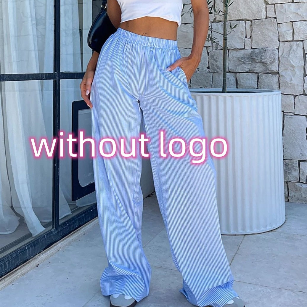 Striped Elastic High Waist Wide Leg Straight Pants