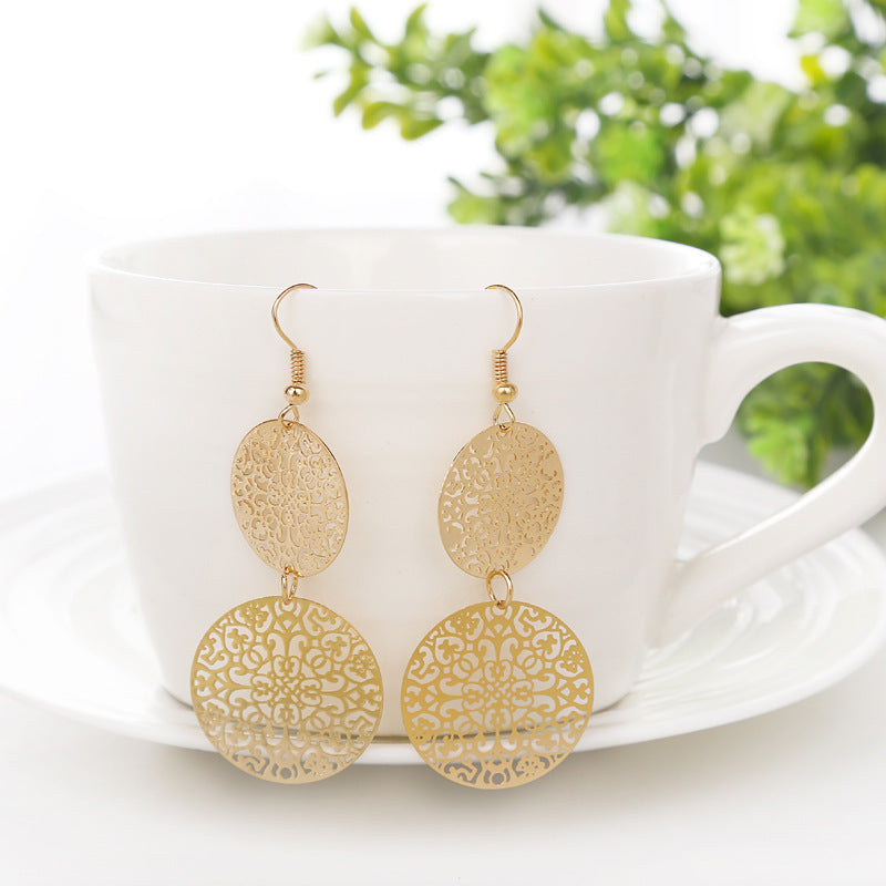 Round Pattern Drop Dangle Earrings Gold Overlay.