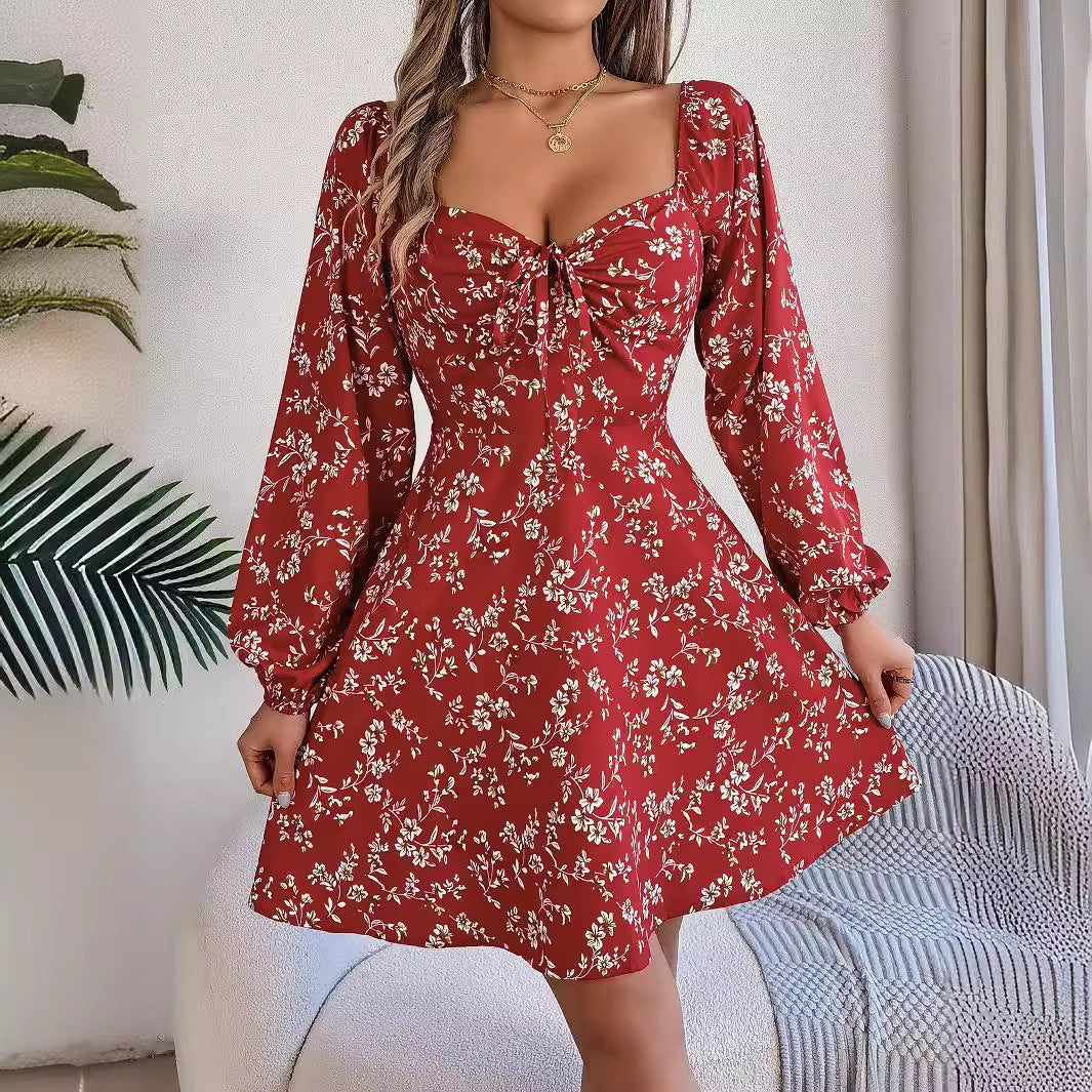 Chiffon Floral Print Short Square Neck  Dress with Long Lantern  Sleeve