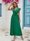 Sea Blue Mall Angelic Aura Tied Ruffled V-Neck Pleated Dress elegant green dress Hanny maxi  dress Pleated dress Pleated Dress Success ruffled pleated dress Ruffled V-Neck SeaBlueMall.com