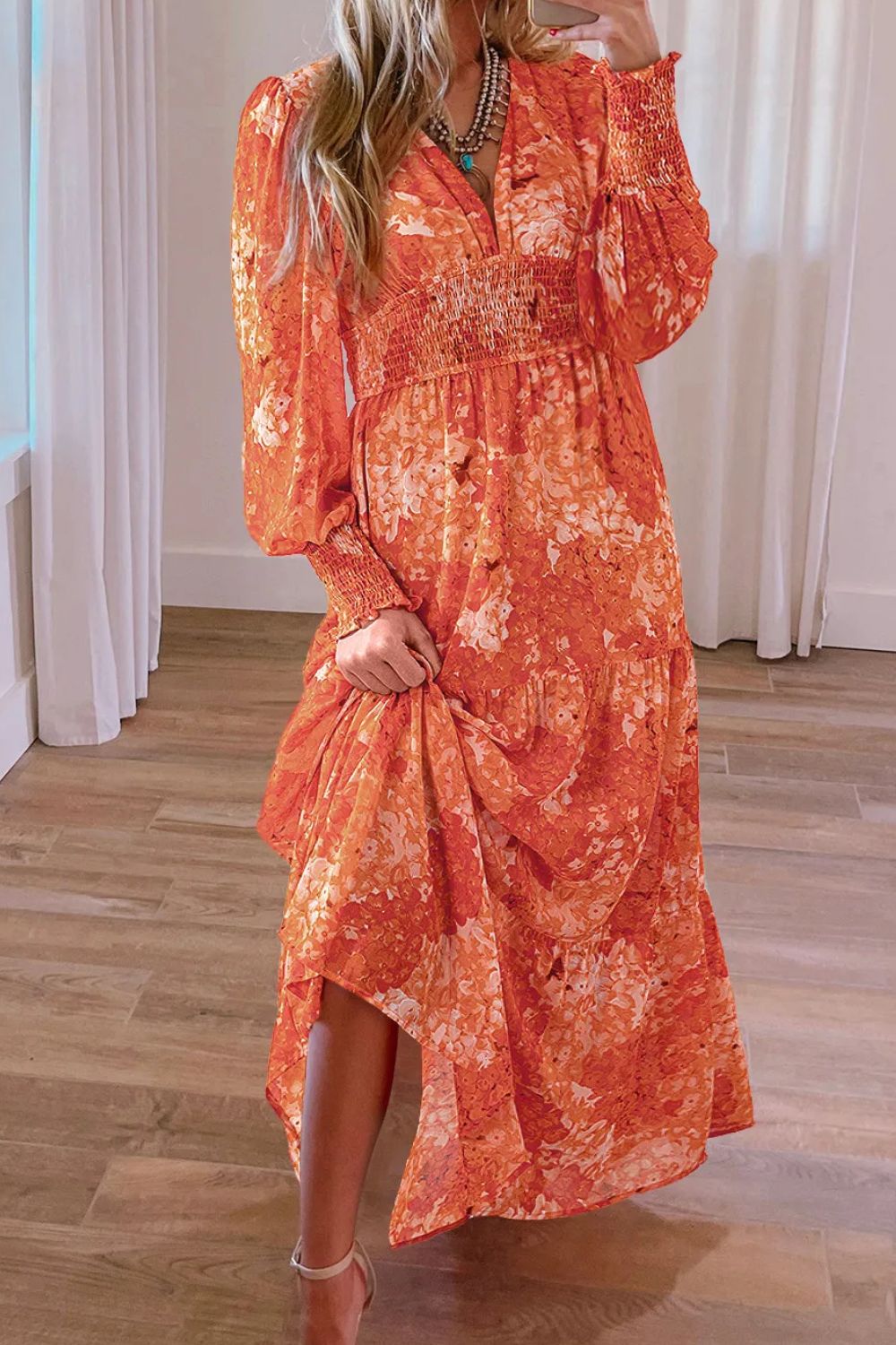 Orange Dress with Long Sleeves  &  Smocked Printed V-Neck