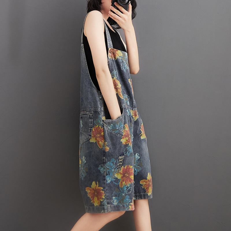 Printed And Washed Casual Oversized Denim Overalls