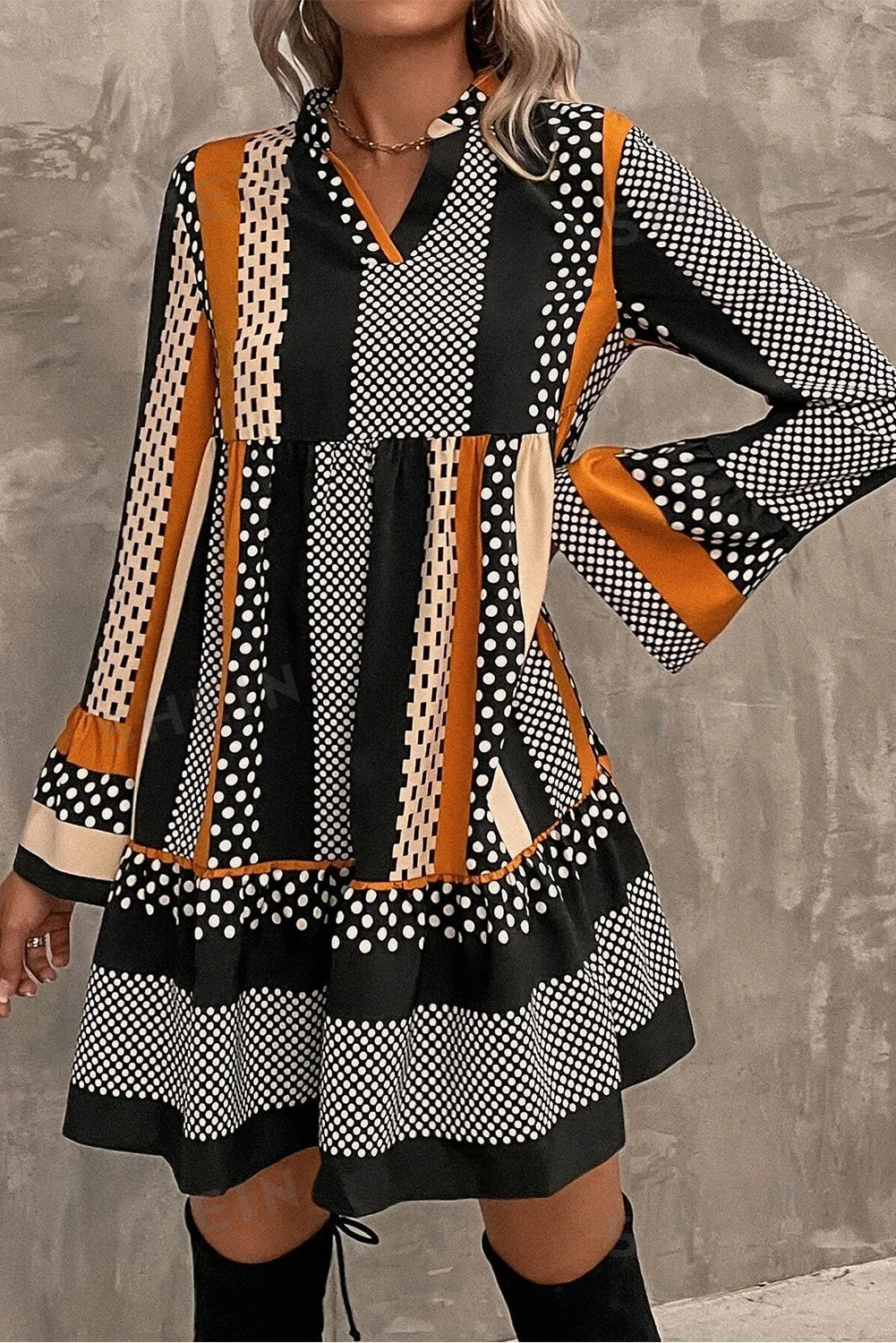 Orange Printed Notched Long Sleeve Mini Dress