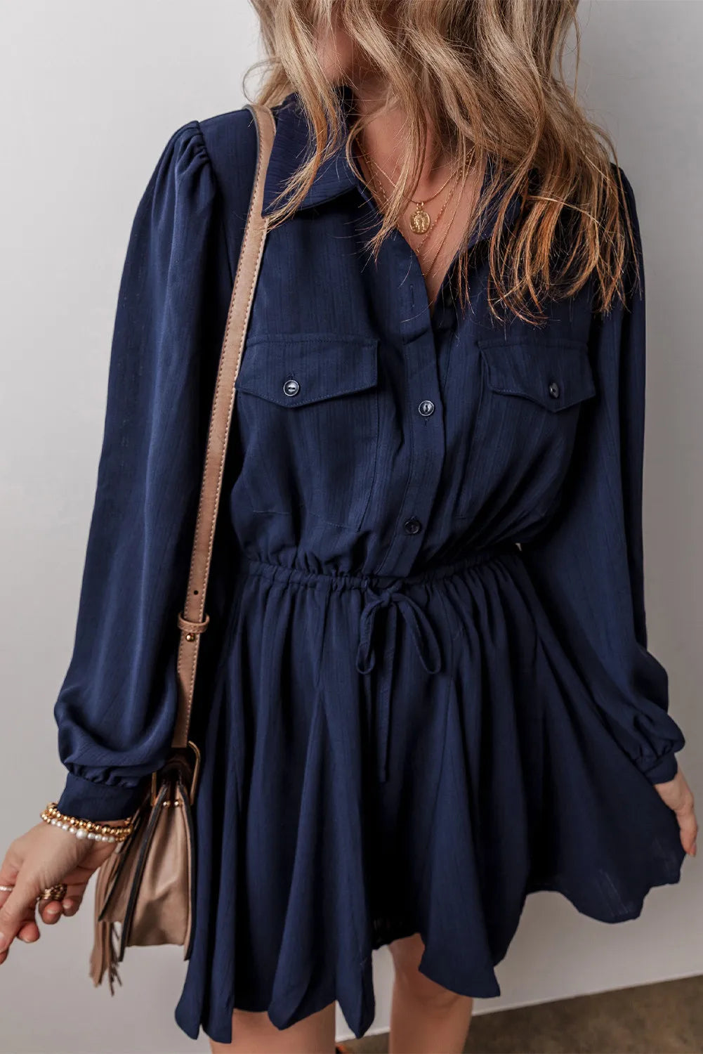 Sporty Chic Half Button Navy Dress with Long Sleeve & Drawstring