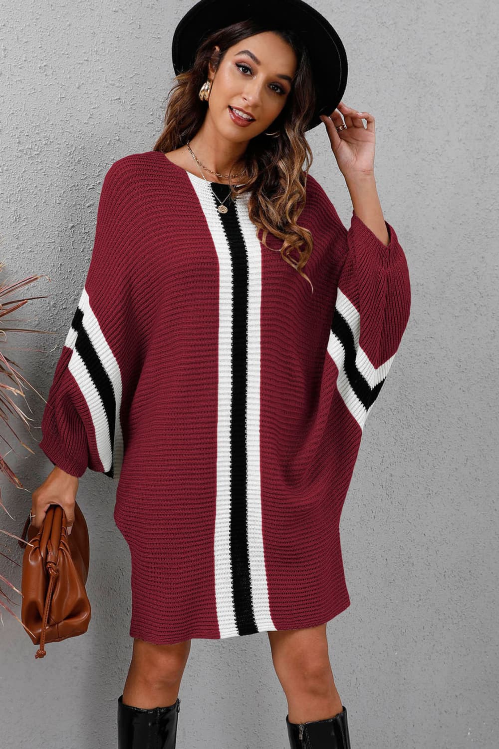 Chic  Ribbed  Sweater Dress with Round Neck & Long Dolman Sleeves