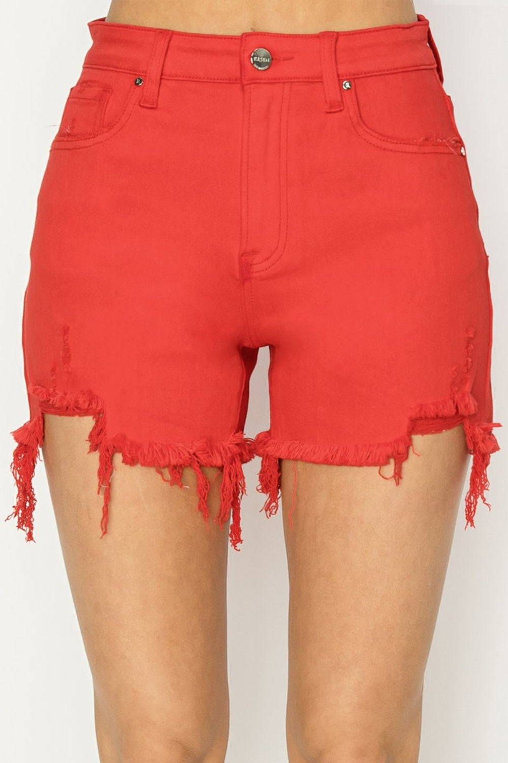 Red High Rise Distressed Denim Shorts