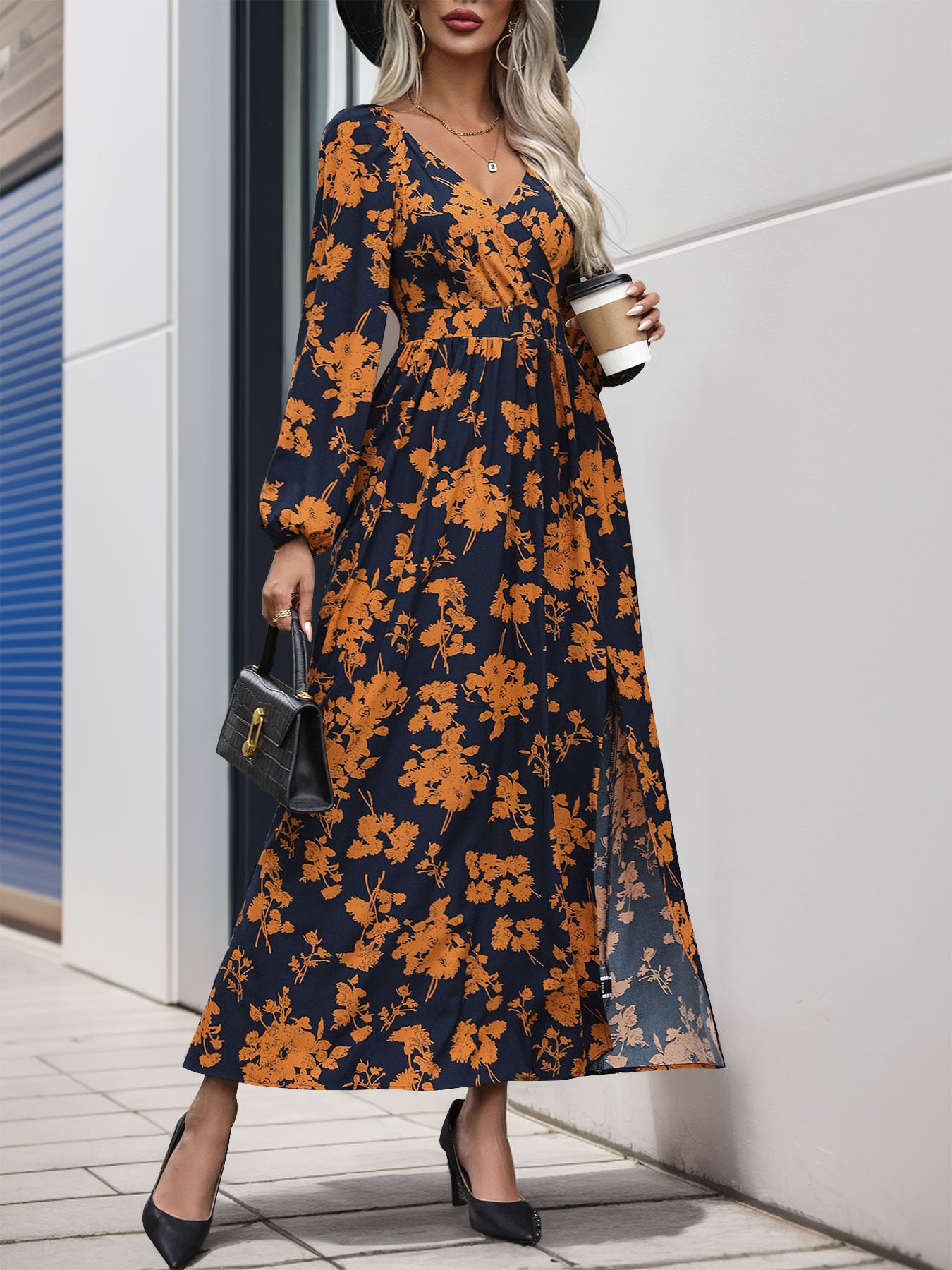 Boho Perfee Split Printed Surplice Midi Dress with Long Sleeves