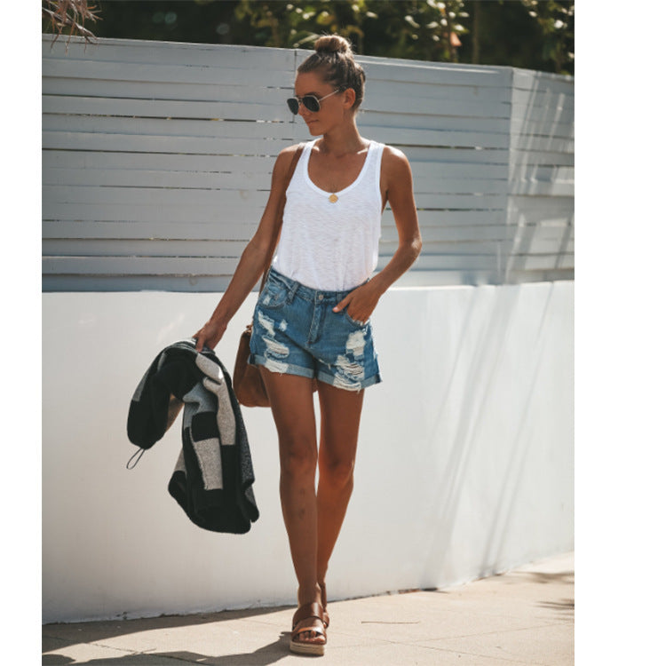 Casual Street Style Ripped Denim Shorts