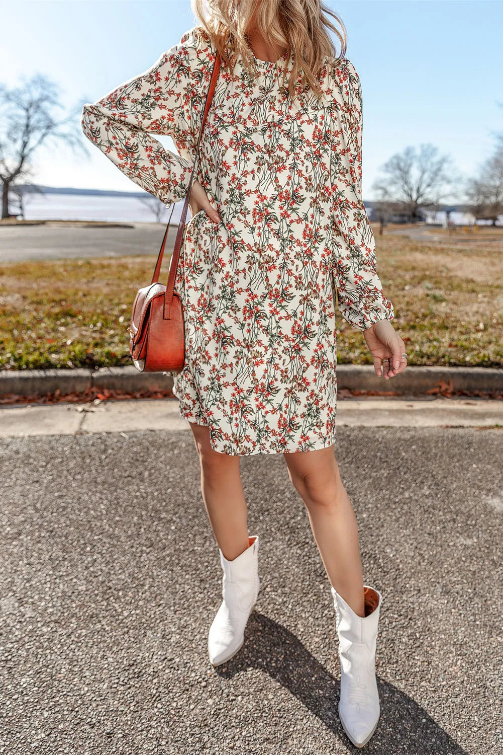 Fall Floral Round Neck  Mini Dress with Long Sleeve