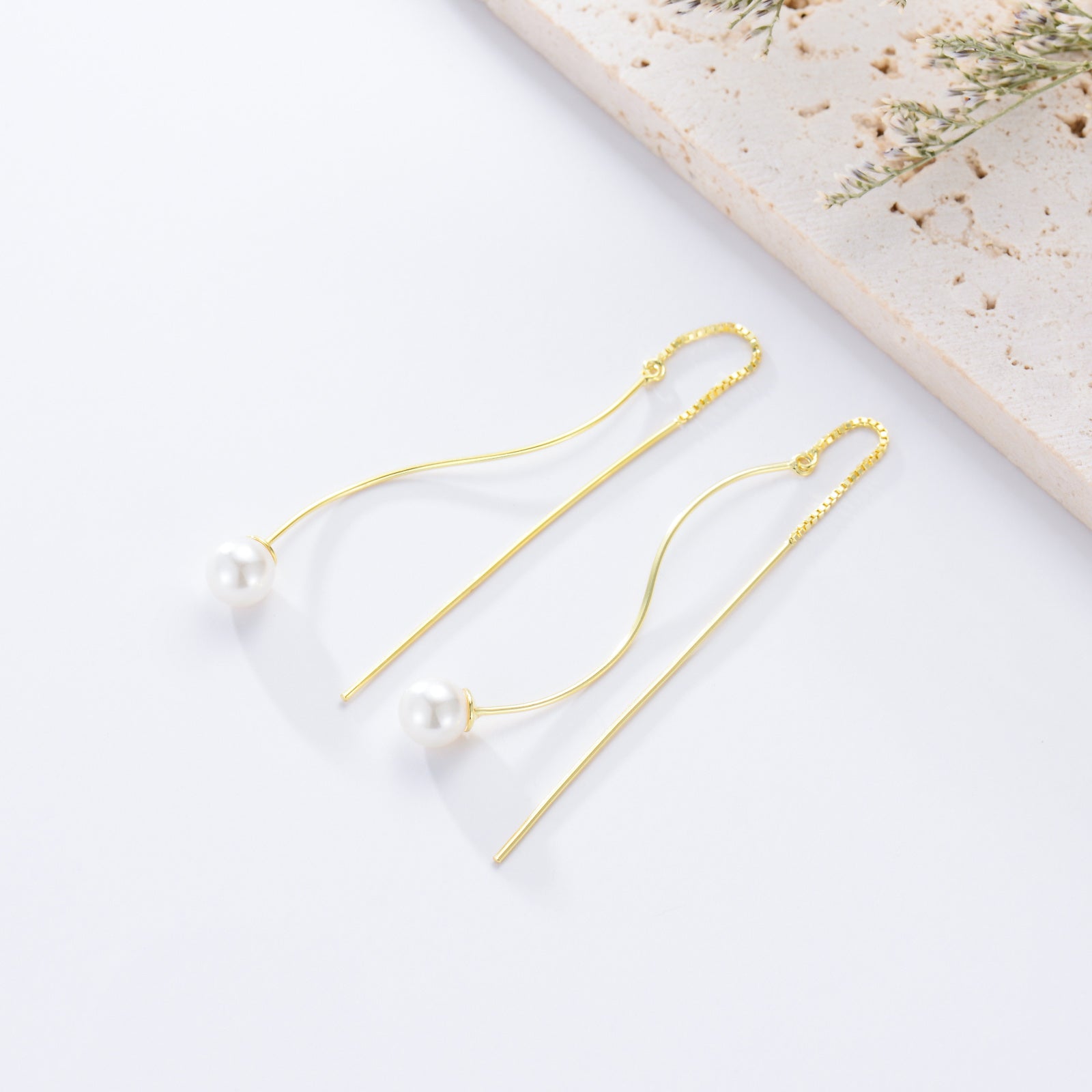 Sterling Silver Gold Plated Elegant Long Genuine Pearl Drop Threader Earrings.