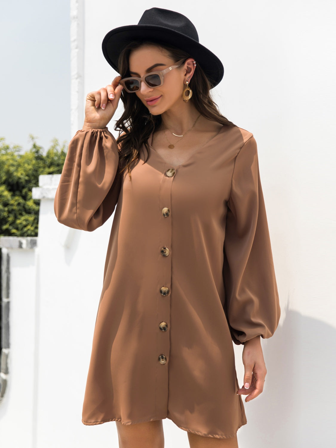 New Autumn  Mini Buttoned Dress with V-Neck & Long Sleeves