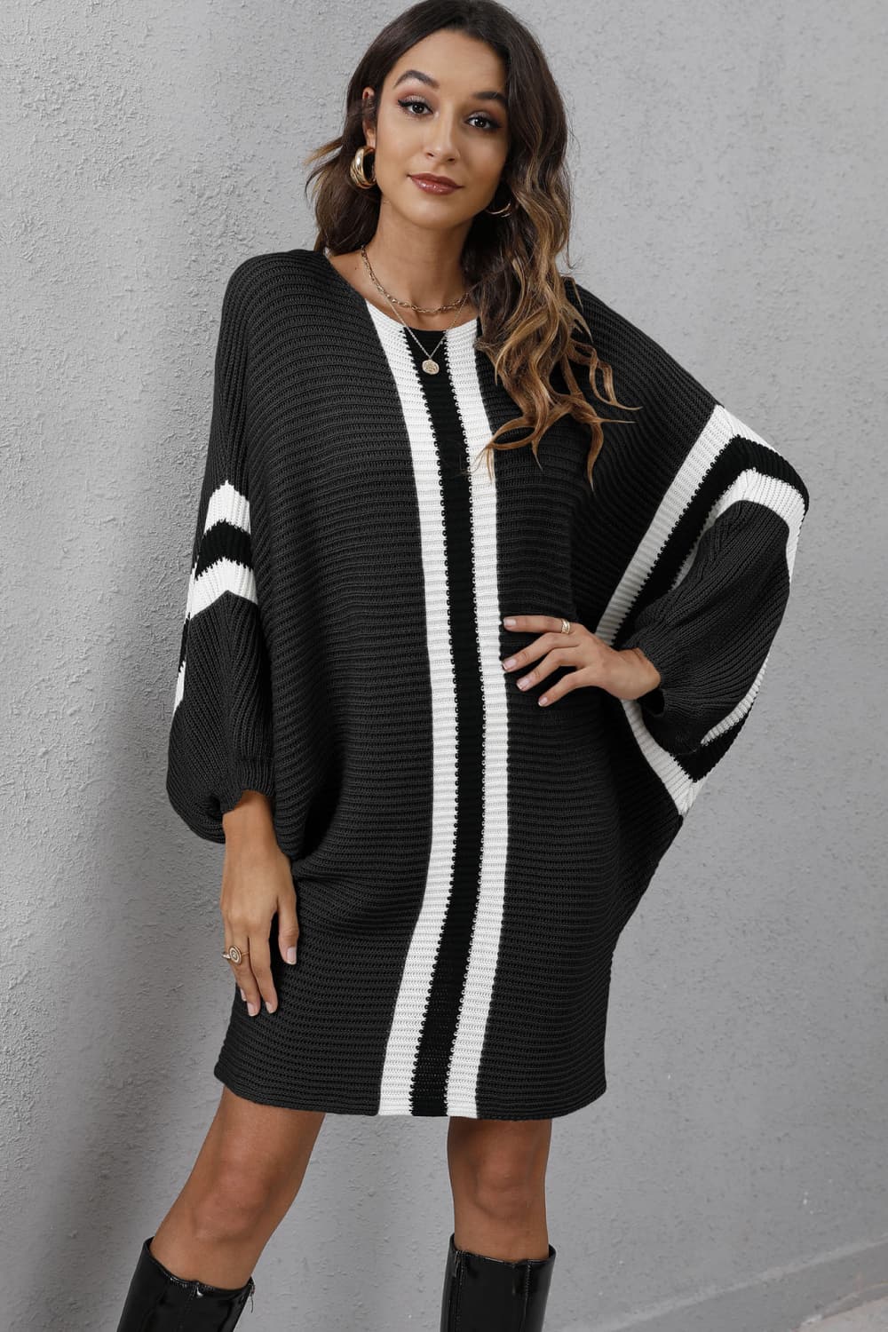 Chic  Ribbed  Sweater Dress with Round Neck & Long Dolman Sleeves