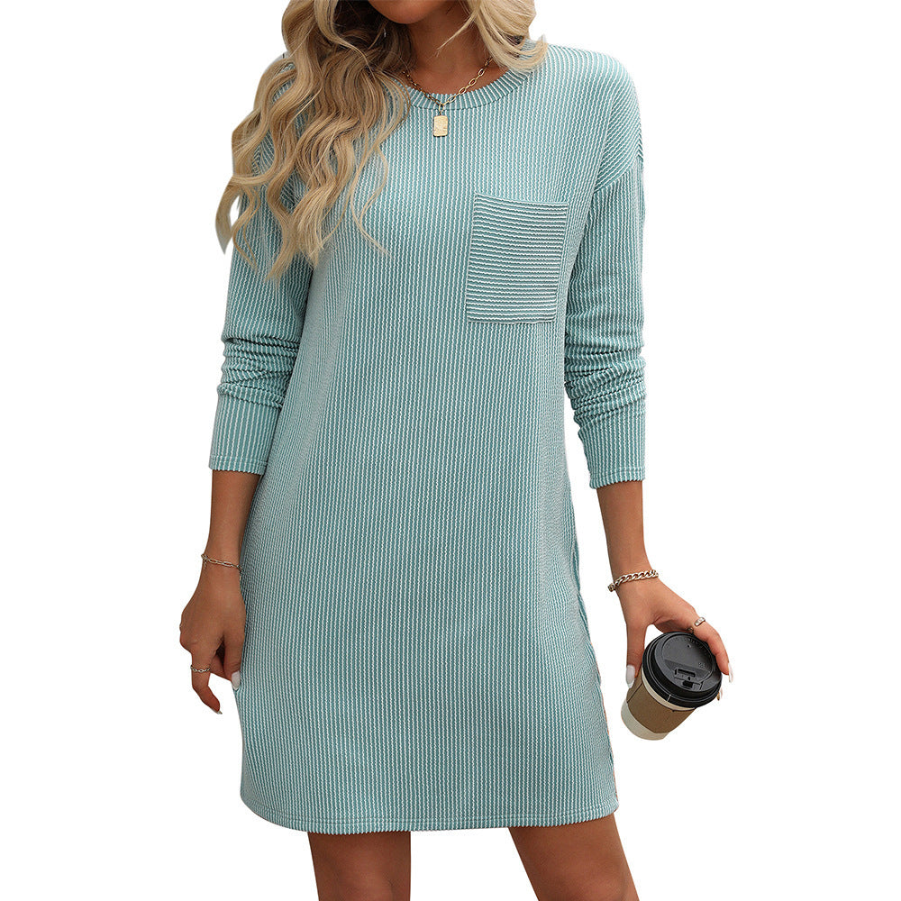 Elegant Striped With Pockets Long Sleeve Dress with Round Neck