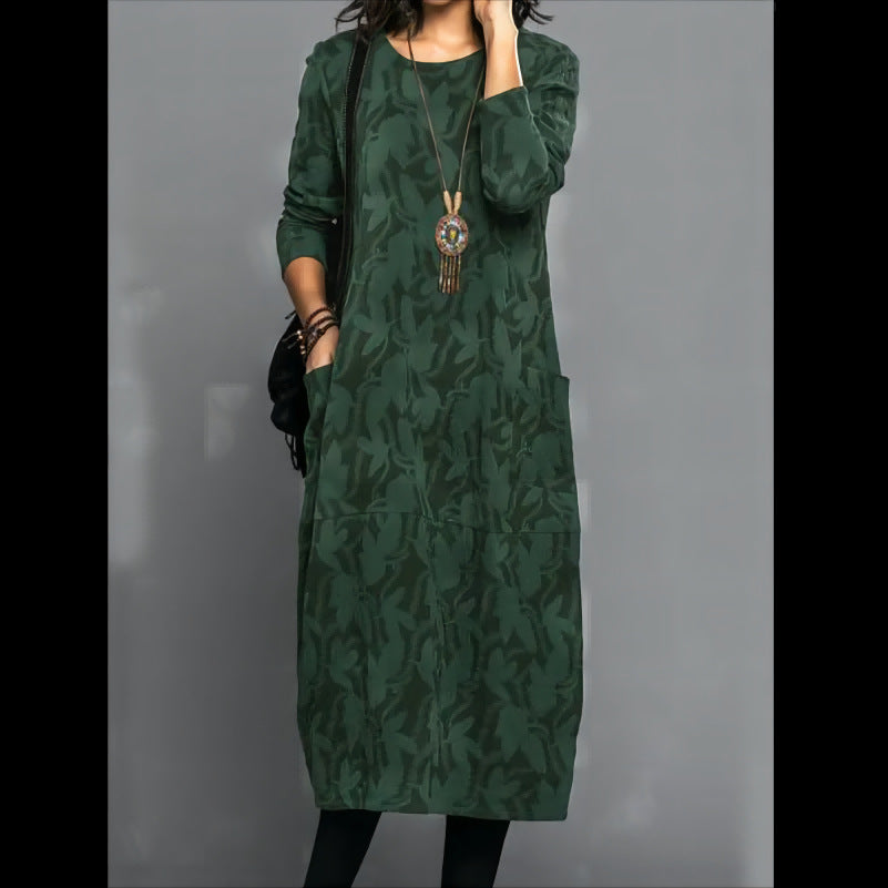 Retro Crew Neck Mid-Waist Sleeve Knitted Mid-Length  Dress