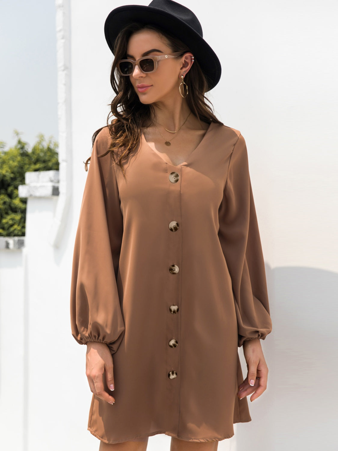 New Autumn  Mini Buttoned Dress with V-Neck & Long Sleeves