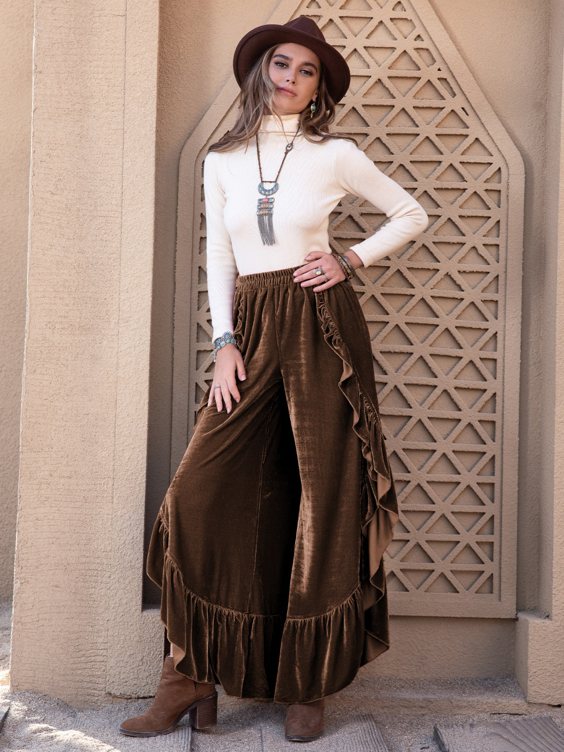 Frill Trend Ruffle Trim Wide Leg Slit Pants