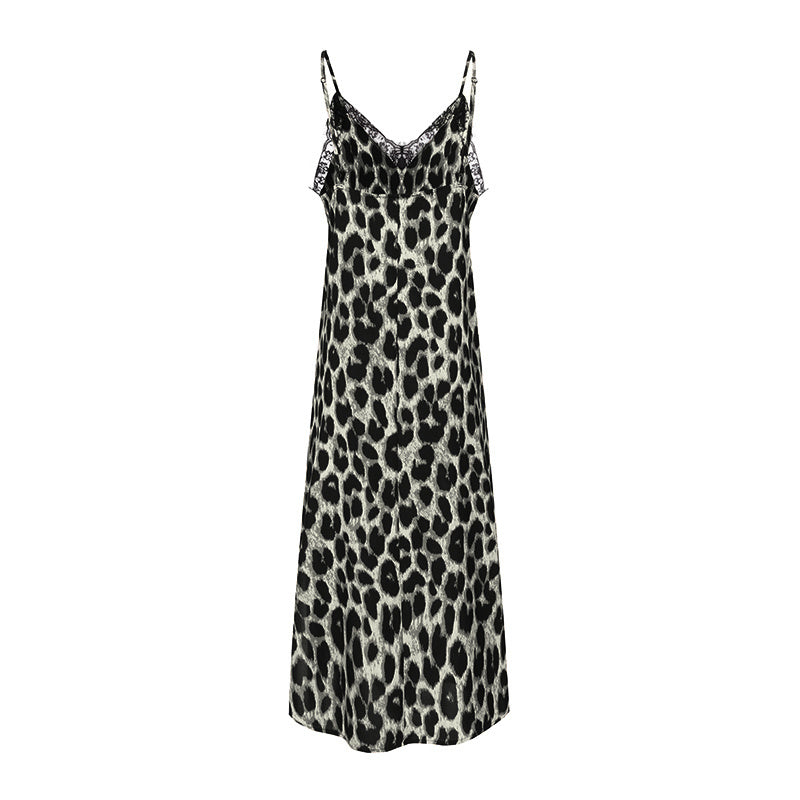 Retro Girl Lace Detail Leopard Print Maxi Dress