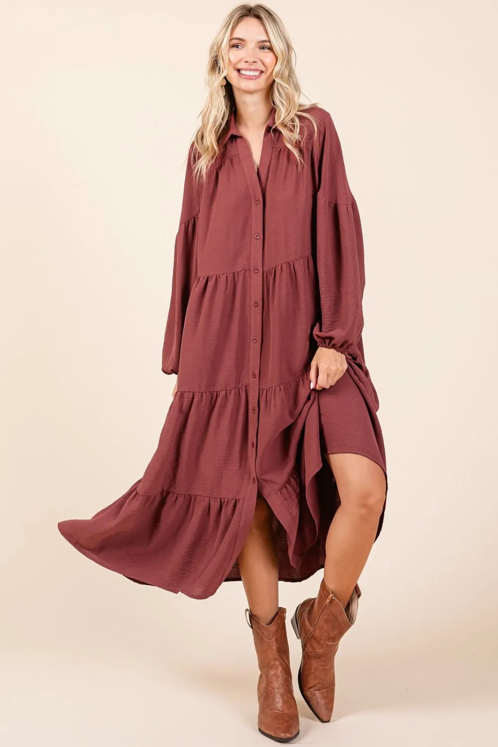 Sienna Red   Ruched, Tiered Button Down Long Sleeve Midi Dress