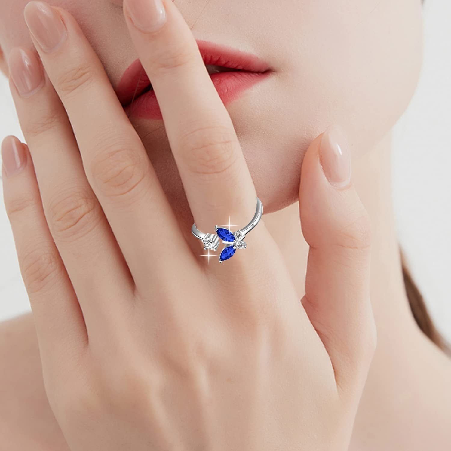 925 Sterling Silver Butterfly Ring with Sapphire Blue Crystal - Adjustable.