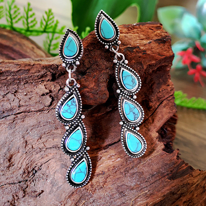 Boho Creative Tree Leaf Genuine Turquoise Teardrop Earrings.