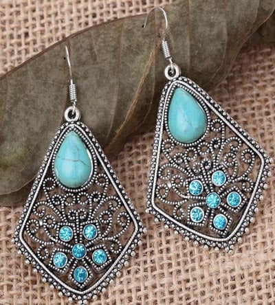 Genuine Turquois Vintage Boho Silver Drop Hook Earrings.