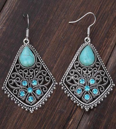 Genuine Turquois Vintage Boho Silver Drop Hook Earrings.