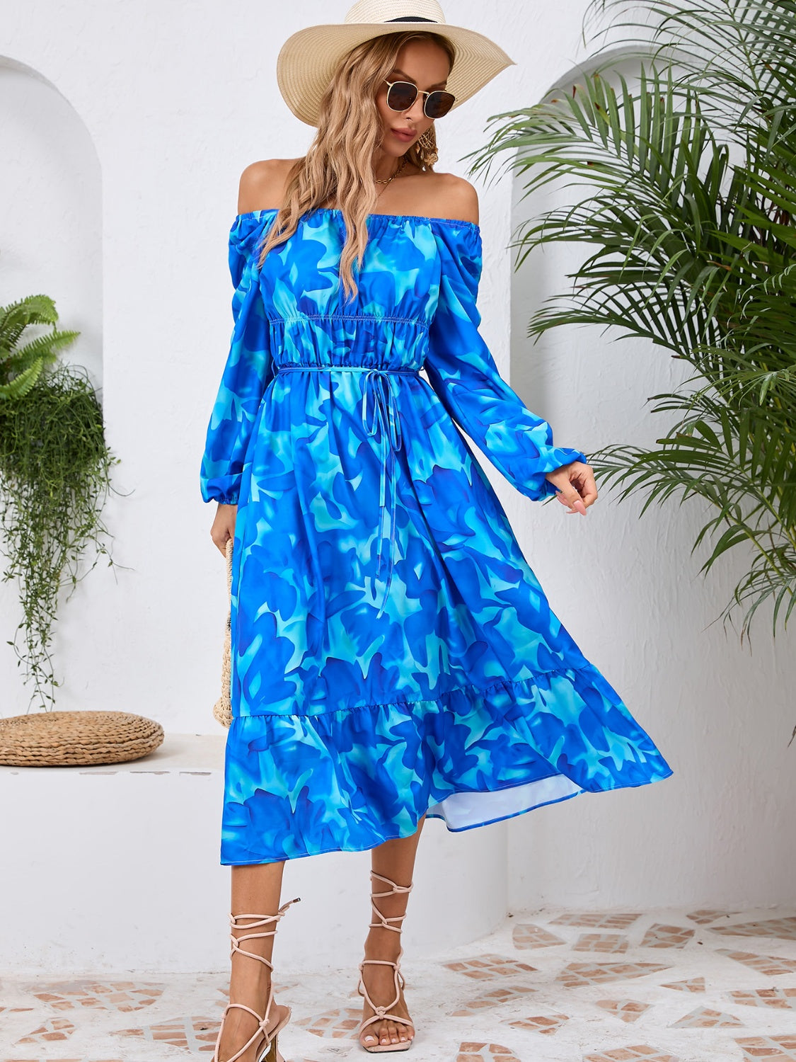 Happy Boho Printed Midi Dress with Long Sleeve