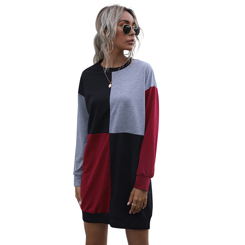 Long Sleeve Round Neck Color Contrast Pullover Dress