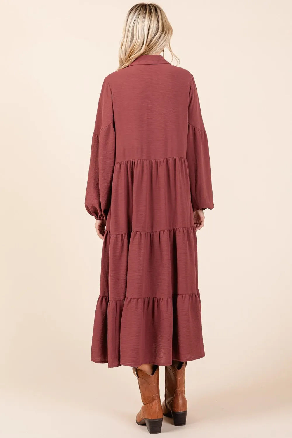 Sienna Red   Ruched, Tiered Button Down Long Sleeve Midi Dress