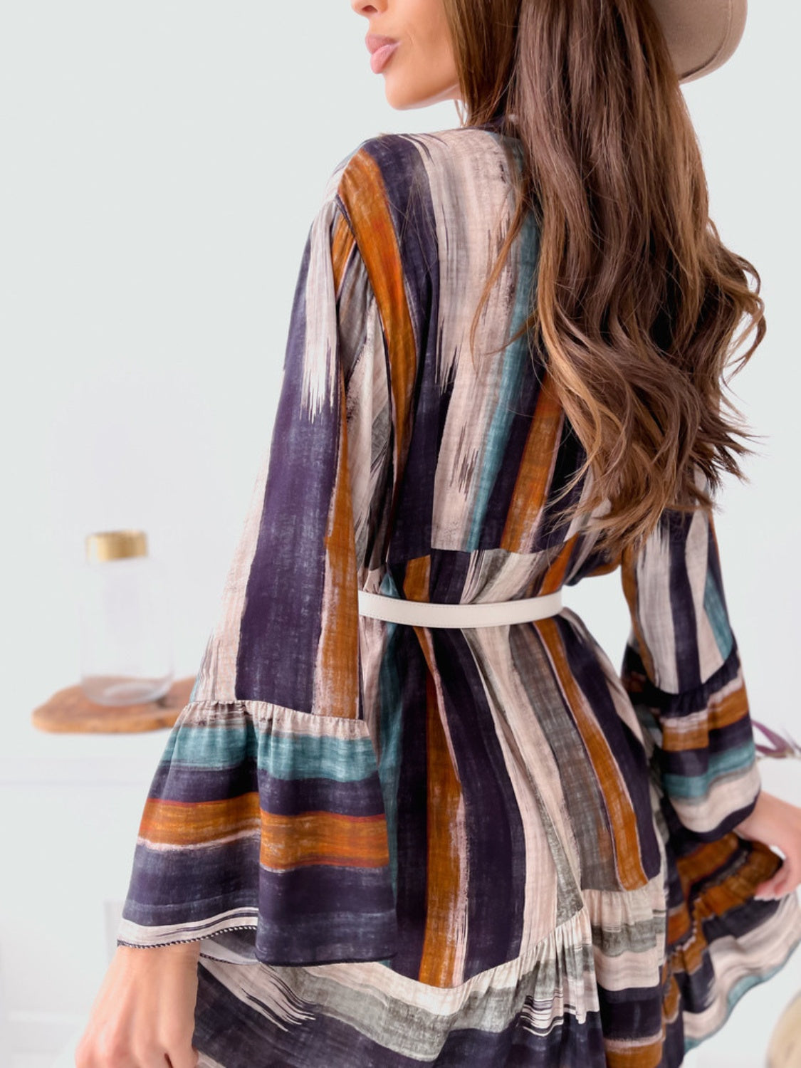 Vibrant Striped Buttoned Mini Dress with  Long Sleeves