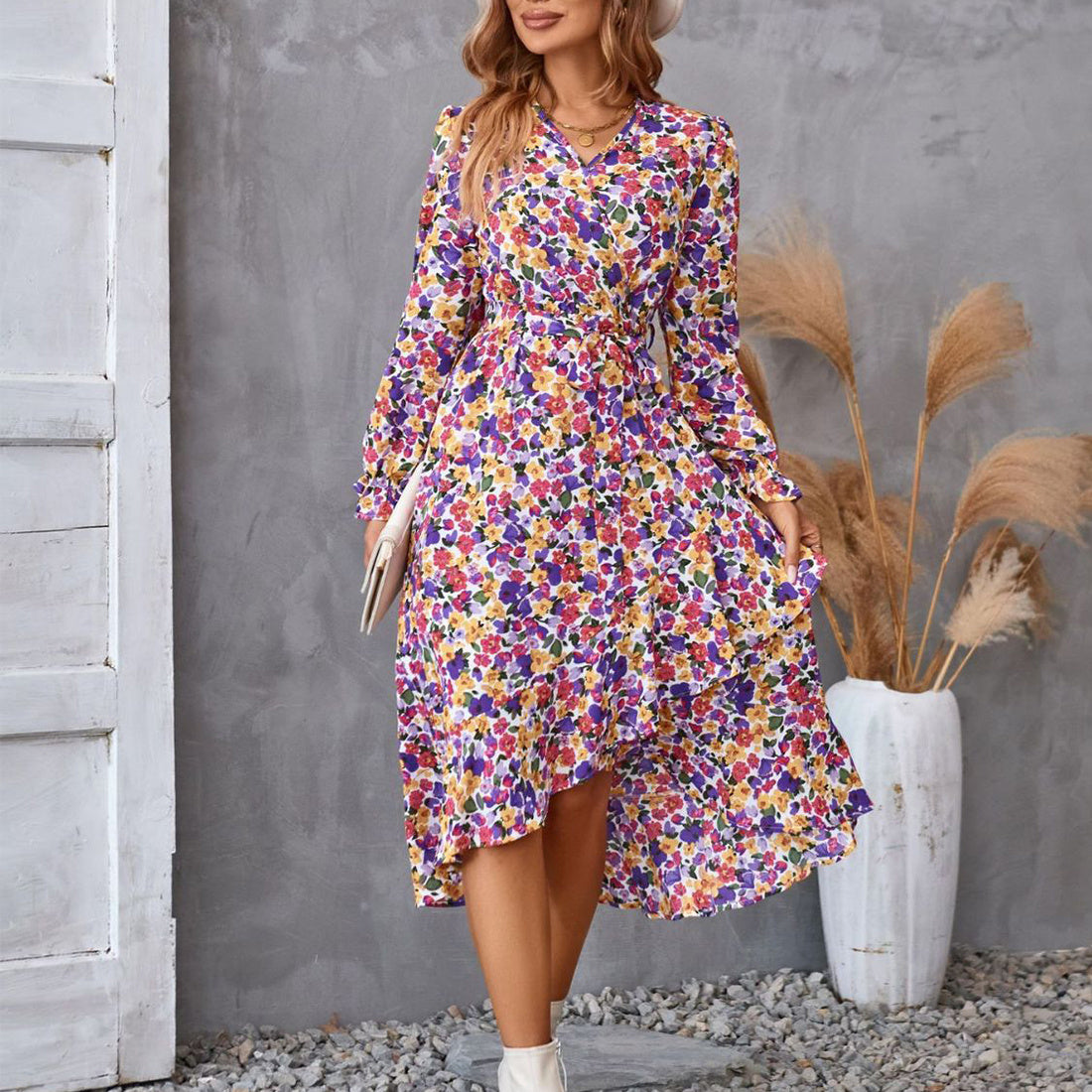 Flowers  Ruffled Print  Dress with Long  Petal Sleeve