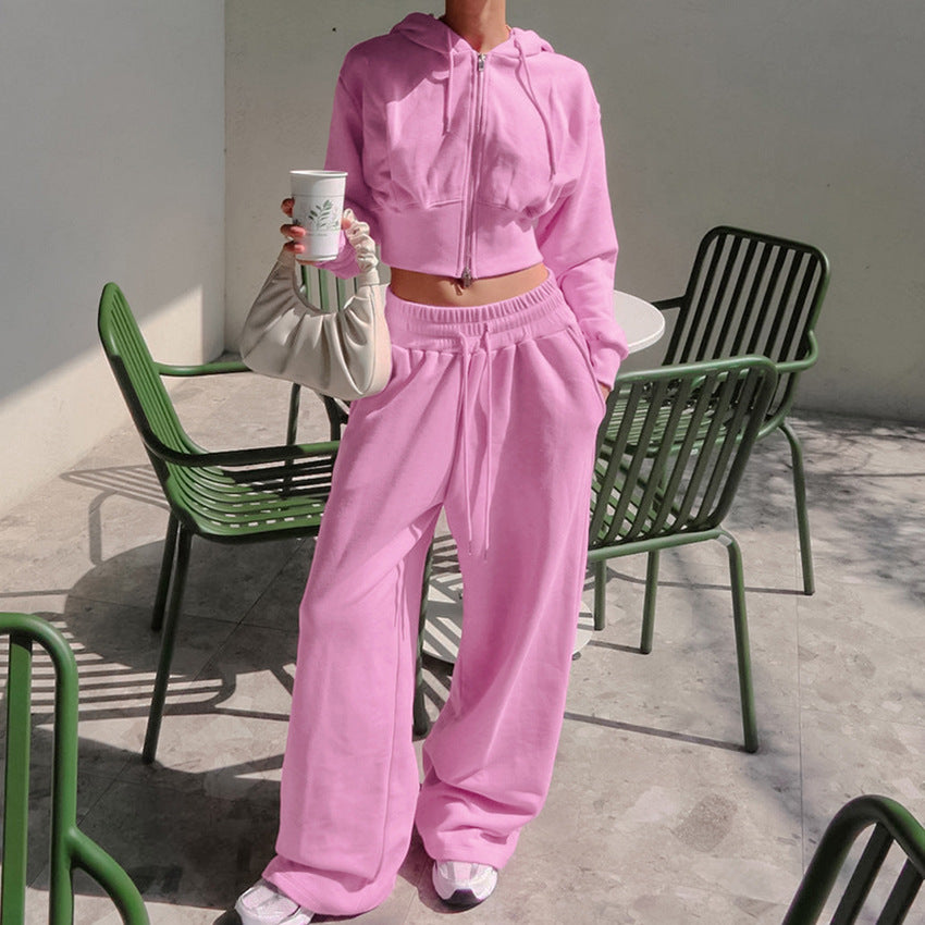 Pink Two-Piece  Knitted Set w/ Fluff Hoody & Wide Leg  Pants